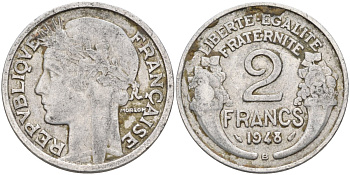 Франция 2 франка 1948 В, тип Morlon KM 886а.2, Le Franc 269.13 алюминий 4126-914