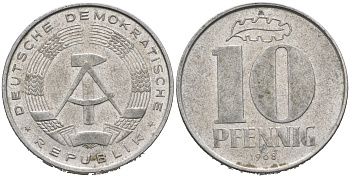 ГДР 10 пфеннигов 1968 A KM 10 алюминий 75-1136