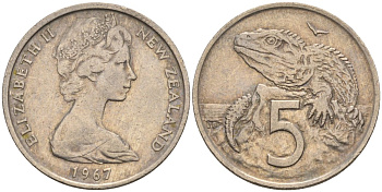 Новая Зеландия 5 центов 1967 Елизавета II (1952-2022), ящерица гаттерия KM 34.1 медно-никель 4588-534