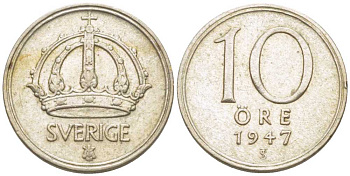 Швеция 10 эре 1947 TS, Густав V (1907-1950) KM 813 серебро 116-1162