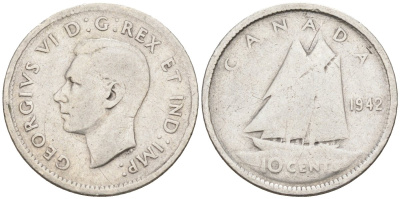 Канада 10 центов 1942 Георг VI (1936-1952), парусник KM 34 серебро 4580-344
