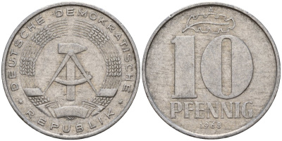 ГДР 10 пфеннигов 1968 A KM 10 алюминий 34-742