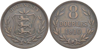 Гернси 8 даблов (дублей) 1910 KM 7 бронза 3996-534