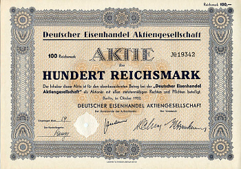 Германия 100 рейхсмарок 1932 Немецкое акционерное общество по торговле железом, акция   бумага   8801-83-1