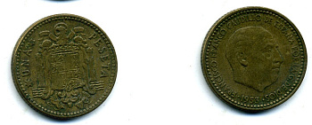 Испания 1 песета 1947 (53) Франсиско Франко (1939-1975) KM 775 алюминиевая бронза 56-823