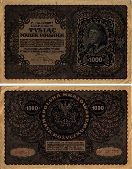 ПОЛЬША 1000 МАРОК 1919 23 АВГУСТА 1919, ТРЕТИЙ ВЫПУСК, ПОРТРЕТ КОСТЮШКО Pick 29 бумага VF 8607-20-1