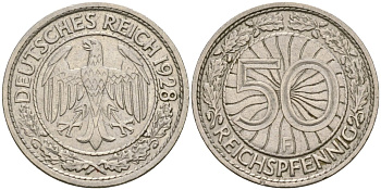 Германия 50 рейхспфеннигов 1928 F KM 49, J. 324 никель 4588-1224