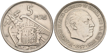 Испания 5 песет 1957(65) Франциско Франко (1939-1975) KM 786 медно-никель 4583-1145