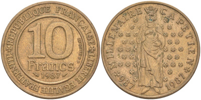 Франция 10 франков 1987 1000 лет первому королю Франции Гуго Капету KM 961 d, Le Franc 371.2 никелированная бронза 4402-331