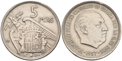 Испания 5 песет 1957(65) Франциско Франко (1939-1975) KM 786 медно-никель 4583-1145