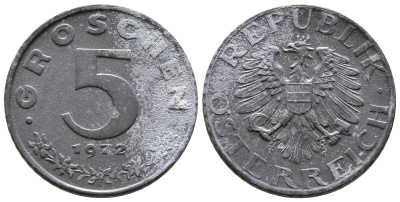АВСТРИЯ 5 ГРОШЕЙ 1972 KM 2875 цинк 57-1317