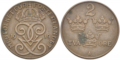 Швеция 2 эре 1919 Густав V (1907-1950) KM 778 бронза 112-866