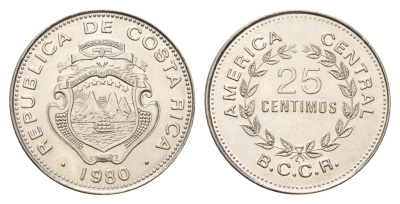 Коста-Рика 25 сентимо 1980 KM 188.1a сталь плакированная никелем UNC 4674-968