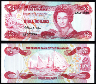Багамские острова (Багамы) 3 доллара 1974 (1984) Pick 44 a бумага UNC (пресс) 8605-2-4-2