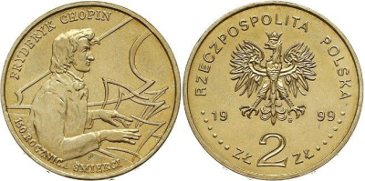 Польша 2 злотых 1999 MW, 150 лет со дня смерти Фредерика Шопена KM 365 нордик  UNC 4153-616