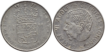 Швеция 1 крона 1973 Густав VI Адольф (1950-1973) KM 826а медь плакированная медно-никелем 4395-256