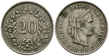 Швейцария 20 раппенов 1944 B KM 29a медно-никель 4171-1127