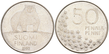 Финляндия 50 пенни 1992 M, полярный медведь KM 66 медно-никель 192-1055