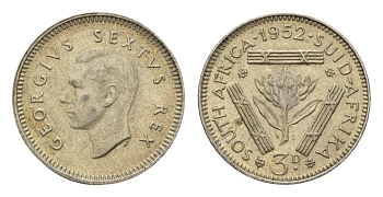 ЮАР 3 пенса 1952 Георг VI (1936-1952) KM 35.2 серебро 4549-942