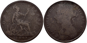 Великобритания 1 пенни 1891 Виктория (1837-1901) KM 755, Spink 3954 бронза 41-225