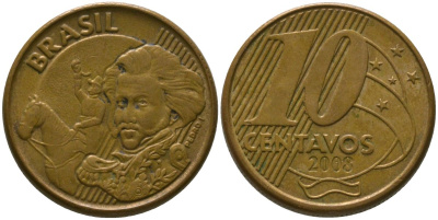 Бразилия 10 сентаво 2008 KM 649, Schon 157 сталь плакированная бронзой 4523-914