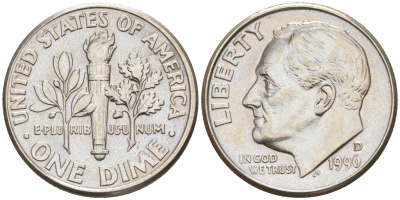 США 10 ЦЕНТОВ = 1 ДАЙМ 1996 D, РУЗВЕЛЬТ KM 195a медь плакированная медно-никелем 188-722