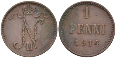 Россия для Финляндии 1 пенни 1914 Николай II (1894-1917) KM 13, Биткин 474 медь 4396-1417