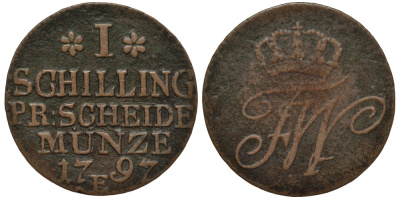 Польша, Восточная Пруссия 1 шиллинг 1797 Е, Фридрих Вильгельм II Прусский (1786-1797), вес 2,58 гр. KM 50, Olding 23, Jaeger 18a медь 1516-1112