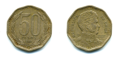 Чили 50 песо 2007 Бернардо О’Хиггинс KM 219.2 алюминиевая бронза 35-451