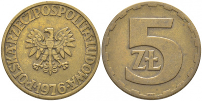 Польша 5 злотых 1976 монетный двор Ленинград (ЛМД) KM 81.1, Parchimowicz 221b латунь 3856-1015