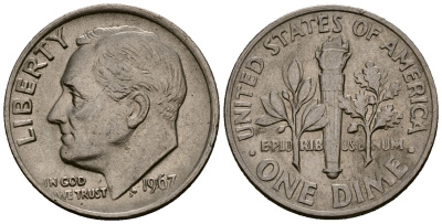 США 10 центов (дайм) 1967 Рузвельт KM 195a медь плакированная медно-никелем 4164-933