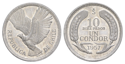 Чили 10 песо 1957 KM 181 алюминий BU 1527-1233