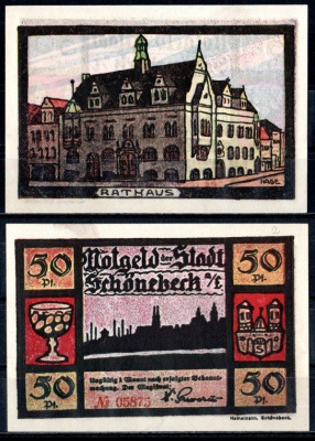 Шёнебек-на-Эльбе (Пруссия, Саксония) 50 пфеннигов 1921 Mehl Grabowski 1196.1a-2/5 бумага UNC (пресс) 7553-7-1-2