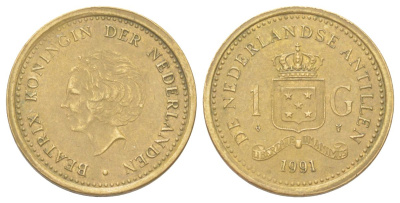 Нидерландские Антильские острова (Нидерландские Антилы) 1 гульден 1991 Беатрикс (1980-2013) KM 37 сталь плакированная бронзой 4624-512