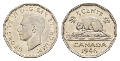 Канада 5 центов 1946 бобр Dot, Георг VI (1936-1952) KM 39a никель 4636-556