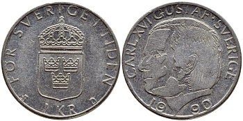 Швеция 1 крона 1990 Карл XVI Густав (1973- ) KM 852a медно-никель 4398-1232