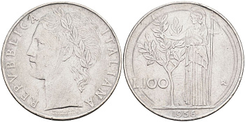 Италия 100 лир 1956 R, Афина в доспехах KM 96.1 нержавеющая сталь 4538-611