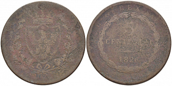 ИТАЛИЯ 5 ЧЕНТЕЗИМО 1826 ПРОВИНЦИЯ САРДИНИЯ KM 100.1 медь 4448-414
