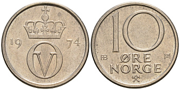 Норвегия 10 эре 1974 Улаф V (1958-1991) KM 416 медно-никель 4608-345