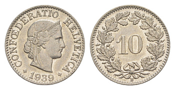 Швейцария 10 раппенов 1939 B KM 27b никель 4627-1155