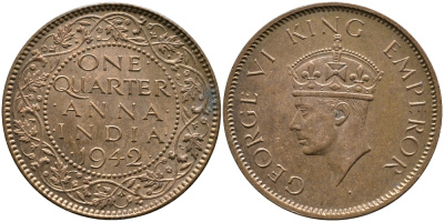 Британская Индия 1/4 анна 1942 Георг VI (1937-1952) KM 531 бронза aUNC 93-755