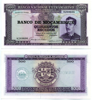 Мозамбик 500 эскудо 1976 НАДПЕЧАТКА НА БАНКНОТЕ 22 марта 1967 Pick 118а бумага UNC (пресс) 7457-42-3-2