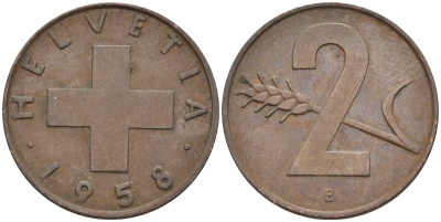 Швейцария 2 раппена 1958 В KM 47 бронза 4591-1227