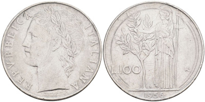 Италия 100 лир 1956 R, Афина в доспехах KM 96.1 нержавеющая сталь 4538-611