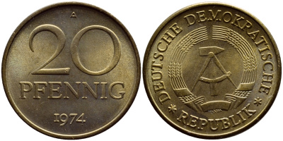 ГДР 20 пфеннигов 1974 А KM 11 латунь UNC 54-2215
