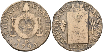 Франция 1 соль 1793 D, L'AN II, первая республика (1793-1794) KM 619.5 бронза 81-1211