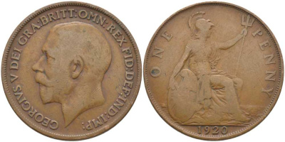 Великобритания 1 пенни 1920 Георг V (1910-1936) KM 810, Spink 4051 бронза 115-145