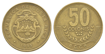Коста-Рика 50 колонов 1999 KM 231.1 латунь 4631-244