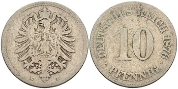 ГЕРМАНИЯ 10 ПФЕННИГОВ 1876 E, СТАРОГЕРБОВКА KM 4, J. 4 медно-никель 4401-322