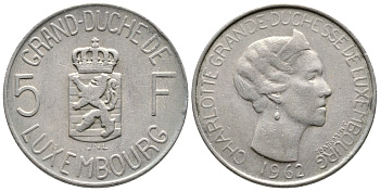 Люксембург 5 франков 1962 Великая герцогиня Шарлотта (1919-1964) KM 51 медно-никель 4364-1133